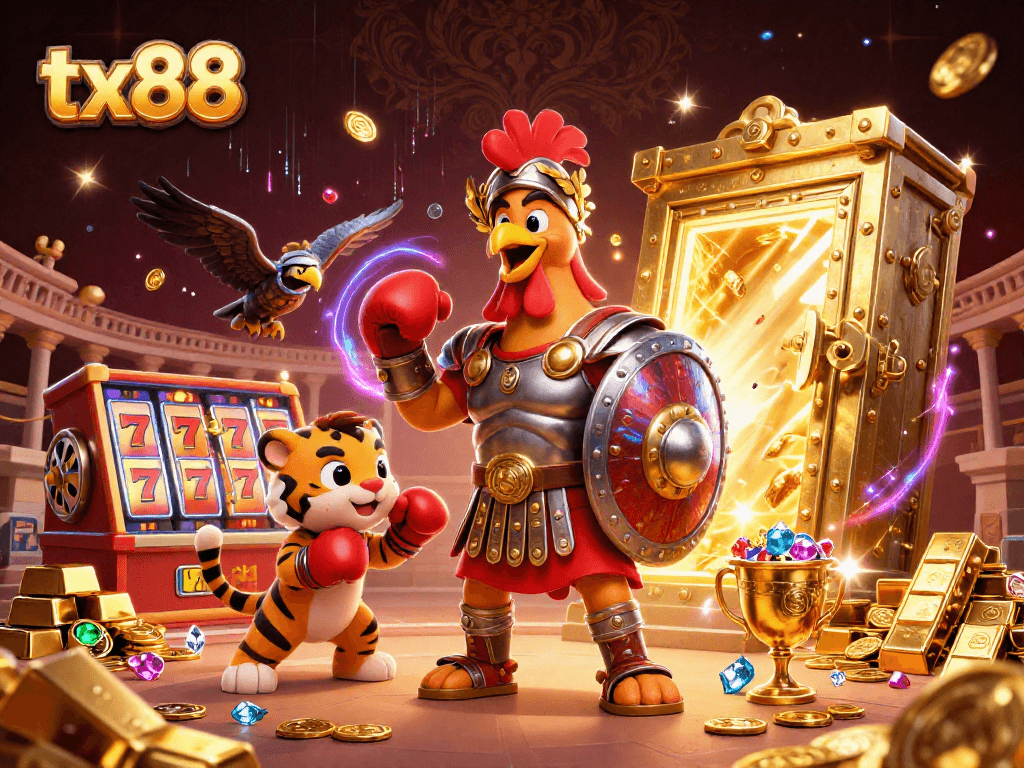 Engage with exciting tx88 slots featuring a gladiator rooster in a vibrant casino scene.