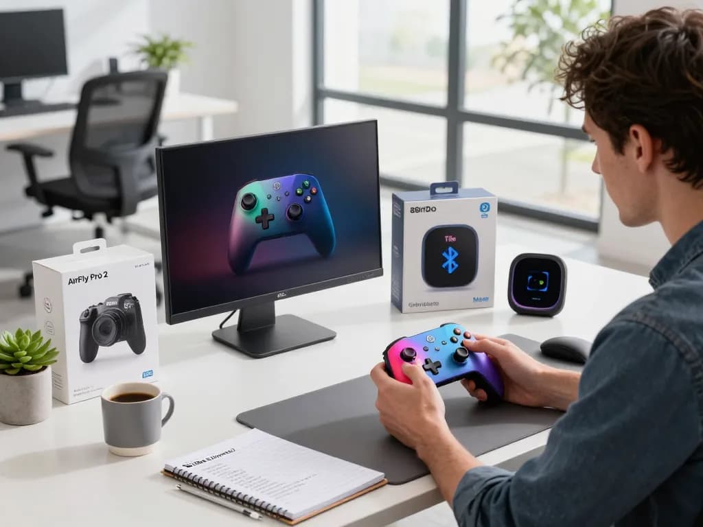 Innovative tech gadgets displayed in a modern workspace featuring Bluetooth devices like 8BitDo controller and AirFly Pro 2.