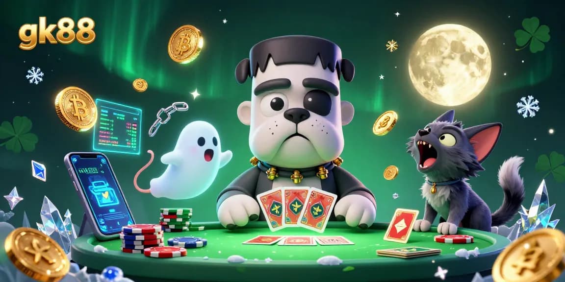 Hành động chơi bài tại gk88 với chó Frankenstein và mèo sói trong bối cảnh casino kỳ bí.