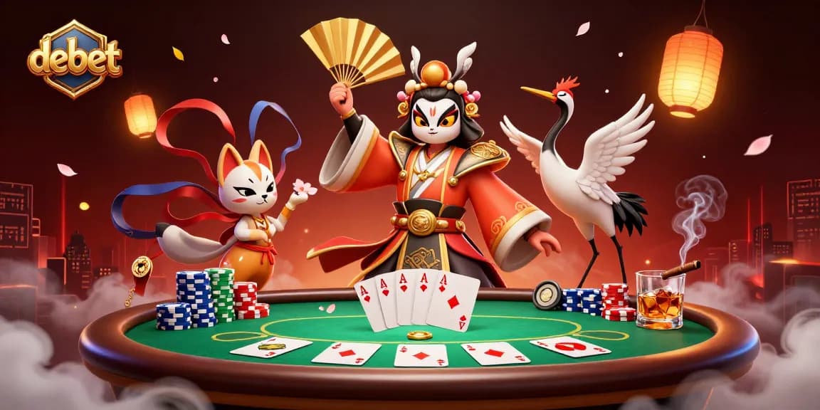 Engage with debet's vibrant casino scene featuring a kabuki warrior and poker elements.