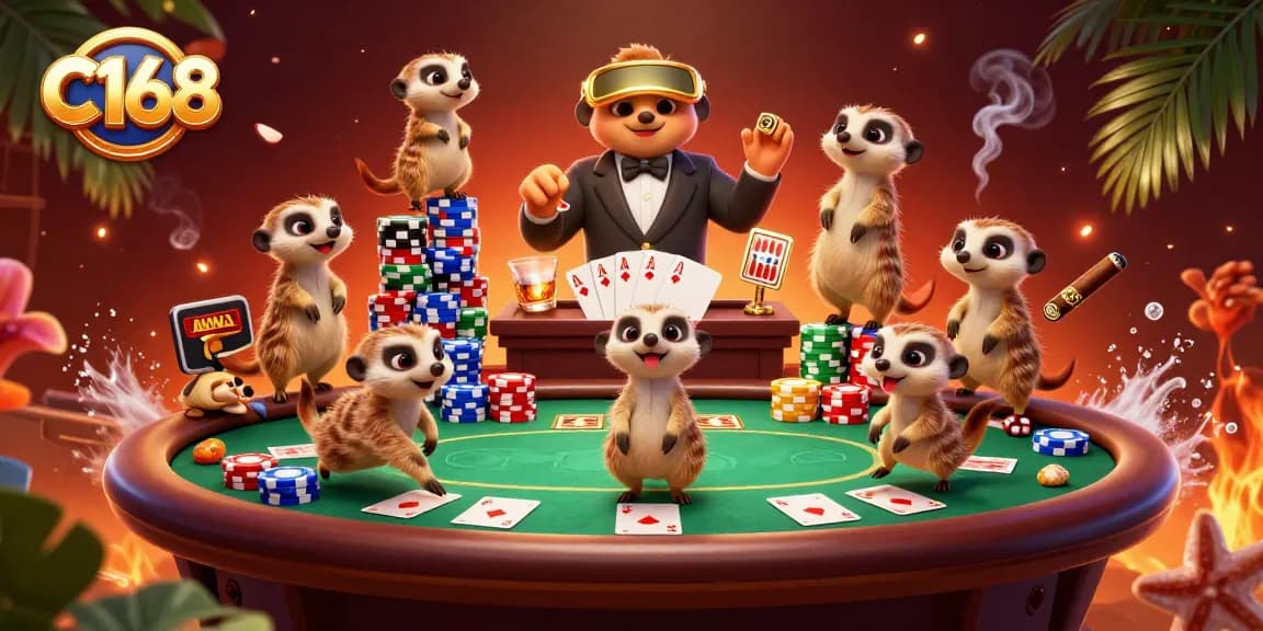 C168: Meerkats orchestrating a vibrant casino scene, showcasing poker excitement and gaming strategy.