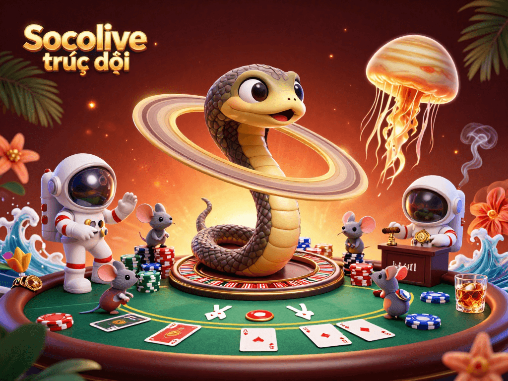 Socolive trực tiếp offers dynamic gambling action with 3D cosmic gambling scene, vibrant colors and elements.