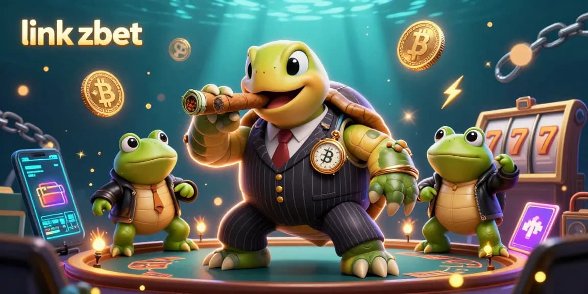 Engage with the vibrant link zbet casino scene featuring a mobster turtle and frog enforcers amongst neon crypto elements.