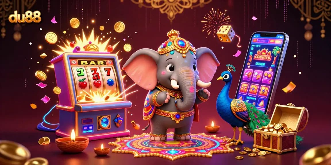 Engage with du88 by exploring vibrant 3D casino-themed art featuring an elephant and rich slot visuals.