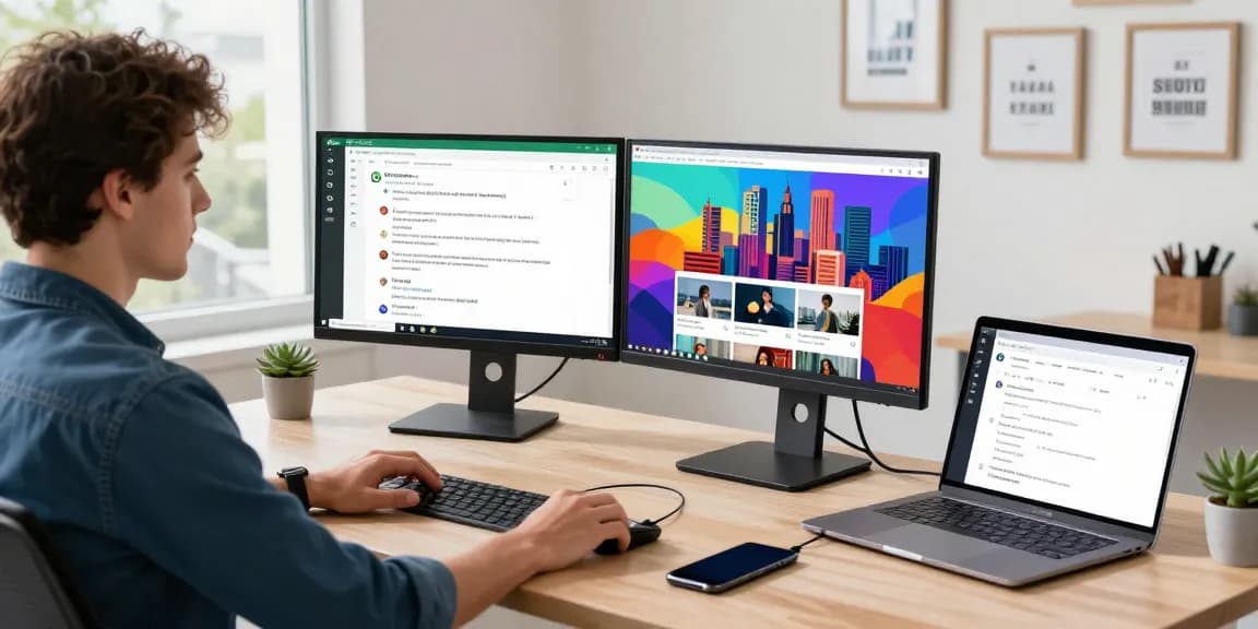 Professional using WhatsApp電腦版 in a modern workspace with dual monitors.