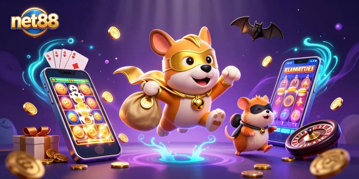 net88 showcases an exciting superhero dog character flying with gold coins amidst vivid casino game elements.