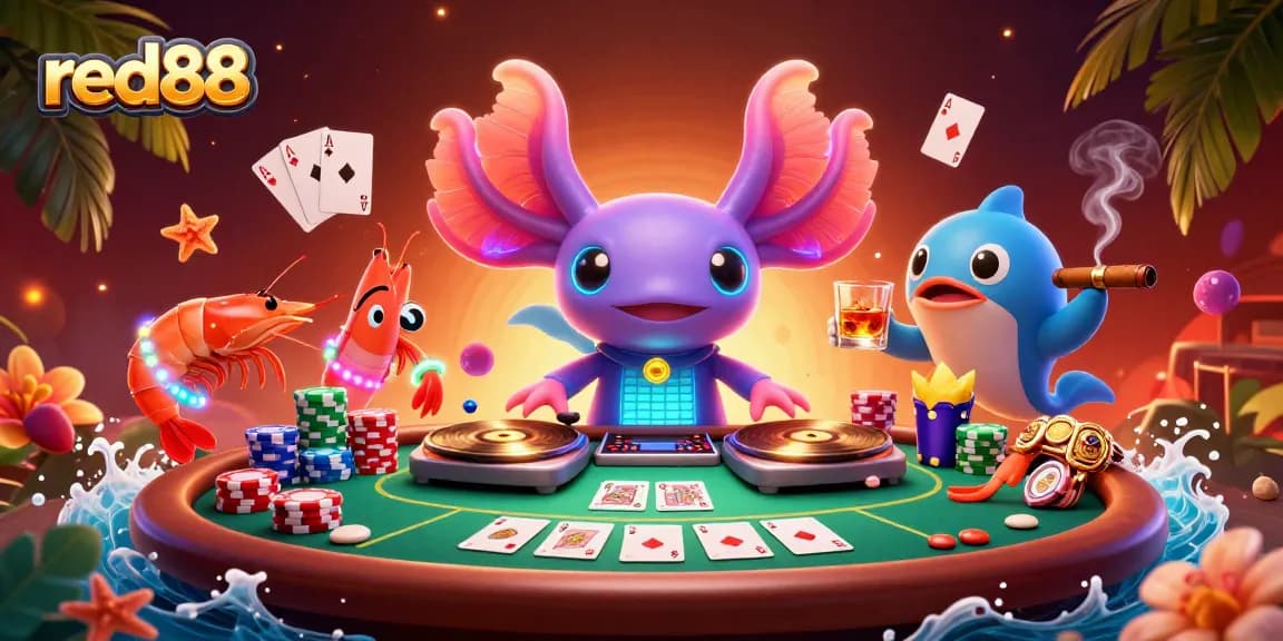 Experience thrilling gaming with red88's vibrant casino scene, featuring DJ axolotl and poker action.