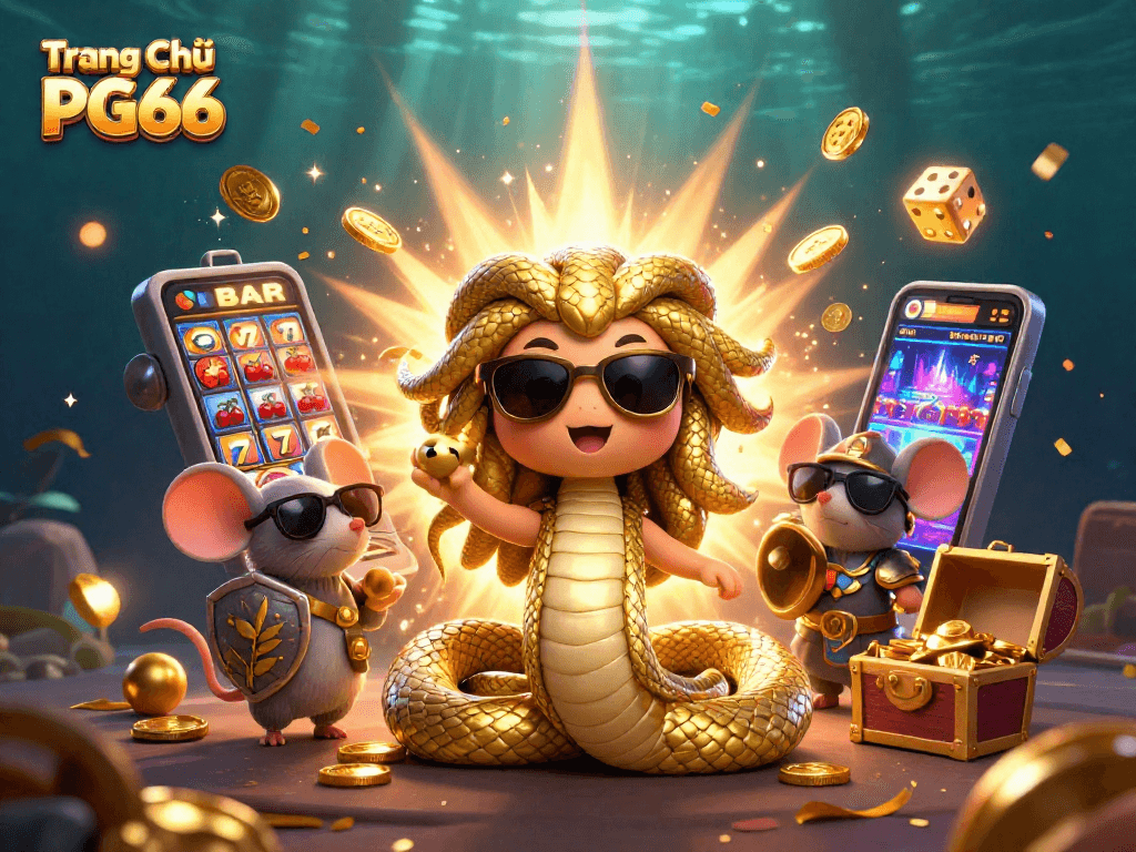 Experience fun at Trang Chủ PG66 with Medusa and a warrior mouse celebrating casino wins!