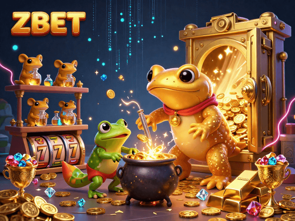 ZBET offers thrilling gaming experiences with a magical alchemist scene, gold coins, and vibrant slot elements.