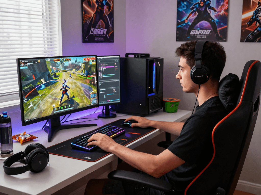 Gamer enjoying the ultimate rokok88 experience in a modern gaming setup with ergonomic chair and RGB mechanical keyboard.