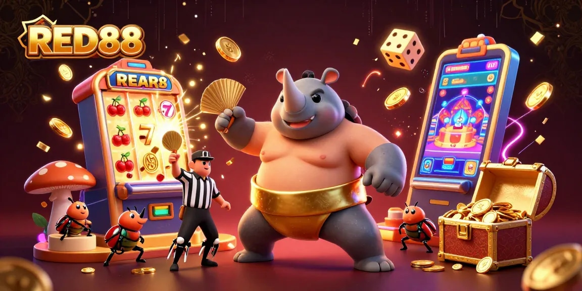Experience the excitement at RED88 with vibrant casino gaming elements and dynamic characters.
