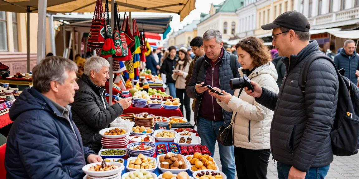 Rusya'da yerel satıcılarla etkileşimde bulunan ve kültürel deneyimleri keşfeden turistler, https://payinrussia.com/ ile ilgili ürünler.