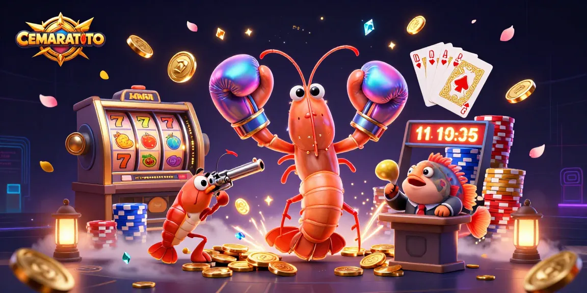 CEMARATOTO showcases an exciting online slot game scene with vibrant shrimp characters amidst golden coins and colorful chips.