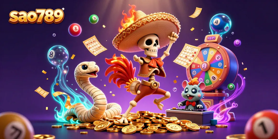 Join the excitement with sao789 as a skeleton mariachi rooster dances on golden coins, surrounded by lottery elements.
