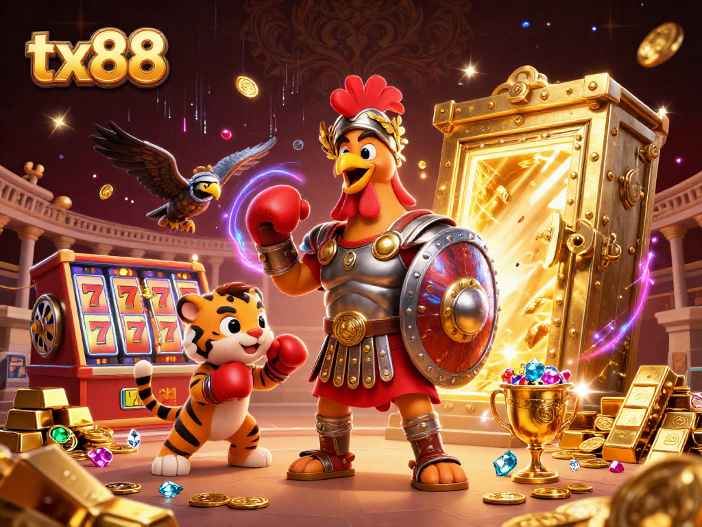 Engage with exciting tx88 slots featuring a gladiator rooster in a vibrant casino scene.