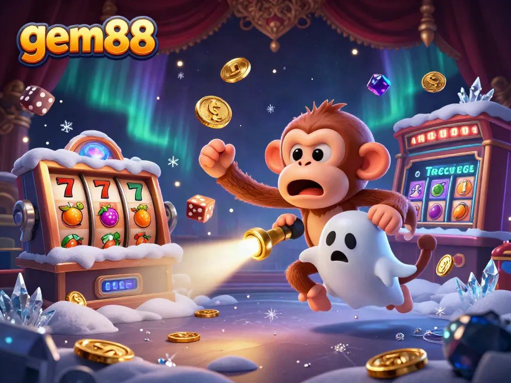 Experience thrilling gameplay at gem88 with a mischievous monkey juggling winnings in a vibrant casino scene.