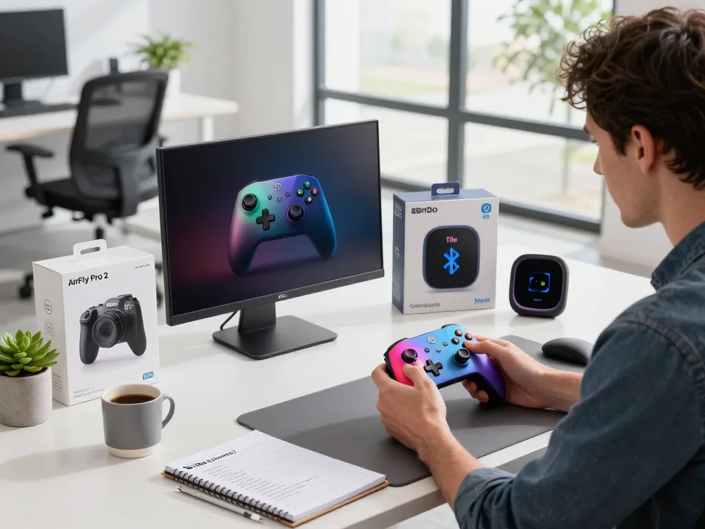 Innovative tech gadgets displayed in a modern workspace featuring Bluetooth devices like 8BitDo controller and AirFly Pro 2.