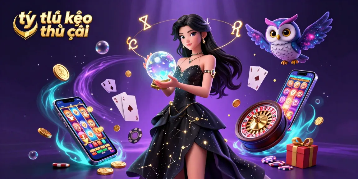 Tỷ lệ kèo nhà cái illustrated with a magical scene showcasing sports themes, cards, and coins.