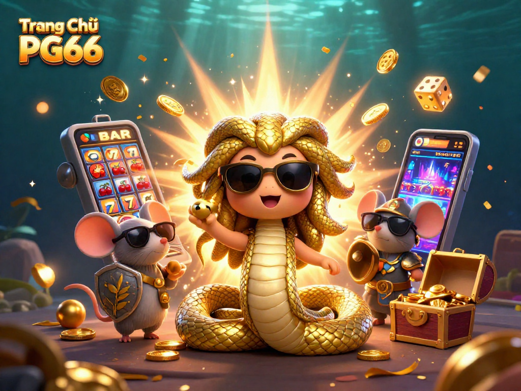 Experience fun at Trang Chủ PG66 with Medusa and a warrior mouse celebrating casino wins!