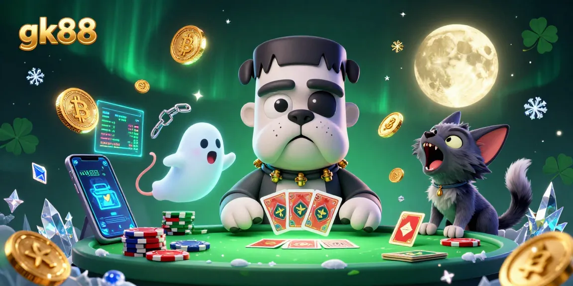 Hành động chơi bài tại gk88 với chó Frankenstein và mèo sói trong bối cảnh casino kỳ bí.