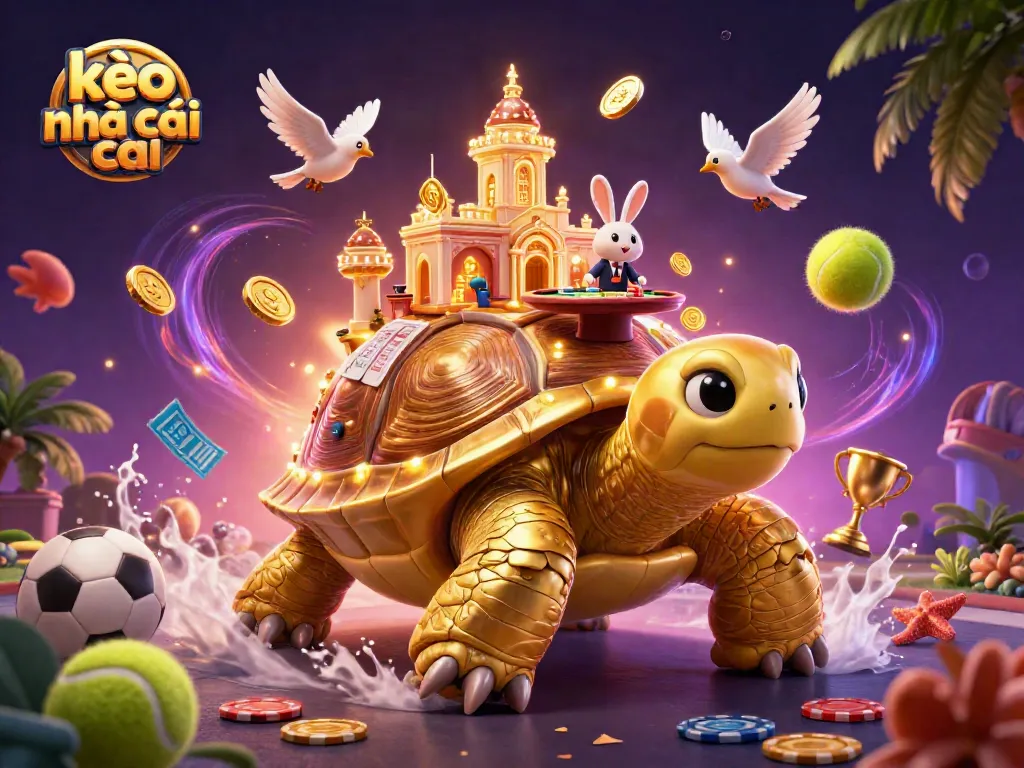 Engage in kèo nhà cái with an illustration of a golden tortoise casino, featuring a rabbit dealer and sports elements.