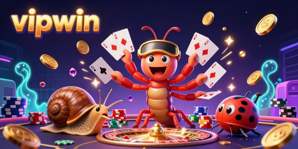 Experience the excitement of vipwin with a rich 3D rendering of a cartoon dealer, chip stacks, and dynamic casino elements.