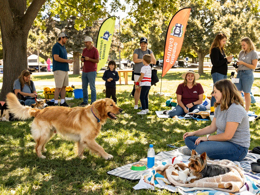 Pet lovers gather at a ROKOK88 community event, showcasing diverse dog breeds and joyful interactions.