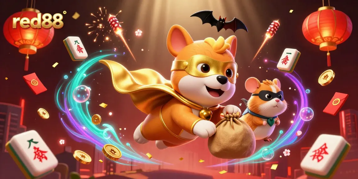 Experience thrilling gaming action with red88's vibrant 3D scene featuring a superhero dog and rich casino elements.
