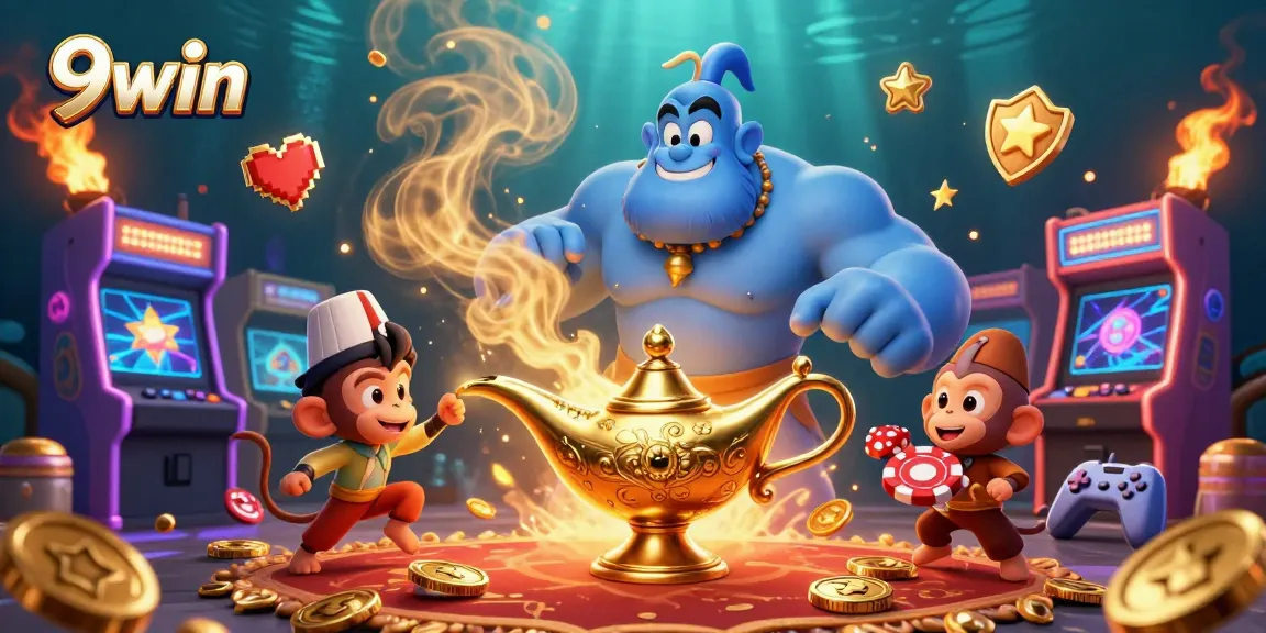 Experience thrilling wins with 9win in this vibrant 3D illustration of a magical casino adventure.