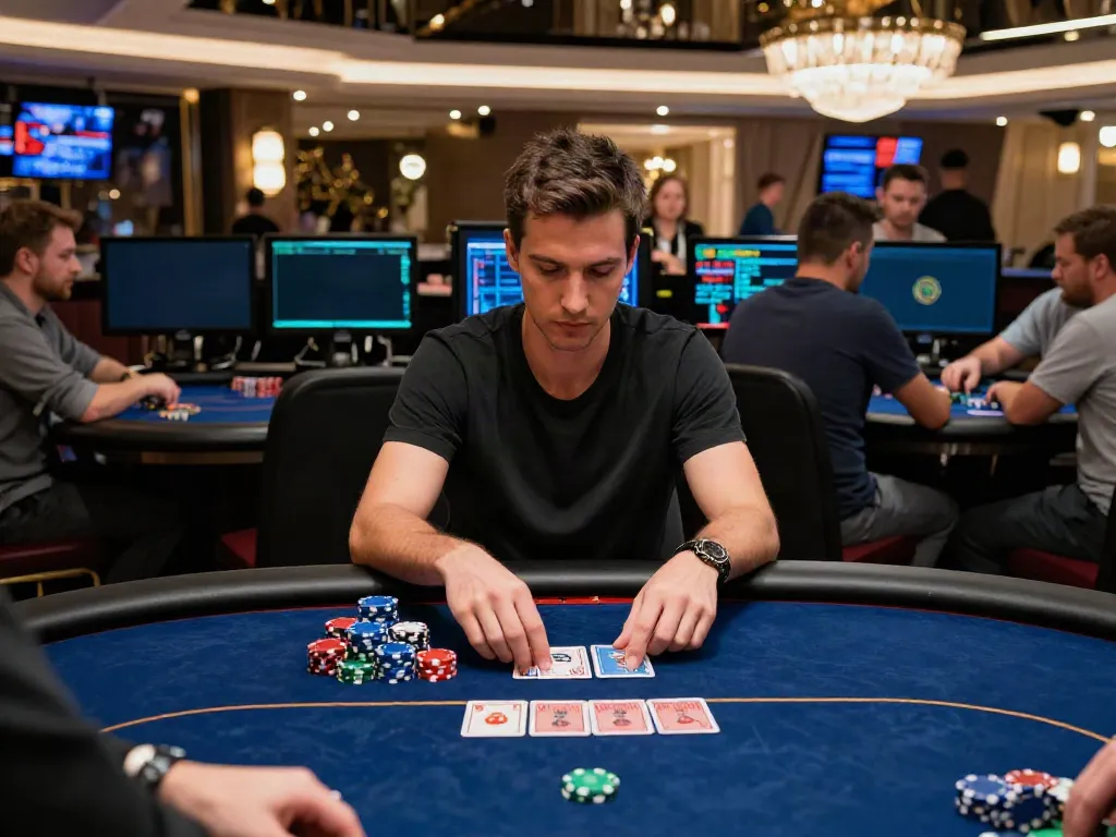 Intense poker game at UK88 casino with engaging players and modern gaming setup.