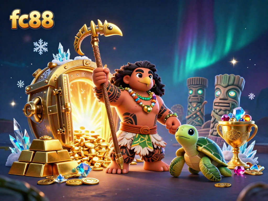 Experience thrilling moments with the hawk demigod at fc88, surrounded by treasures and vibrant casino elements.