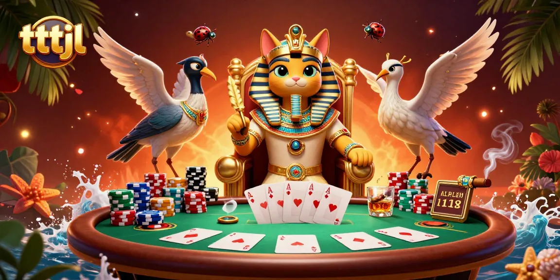 Engage with tttjl as the Egyptian pharaoh cat rules the poker table in a vibrant casino scene.