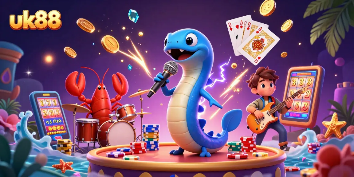 uk88 illuminates a vibrant underwater casino scene showcasing an electric eel DJ with dazzling casino elements.