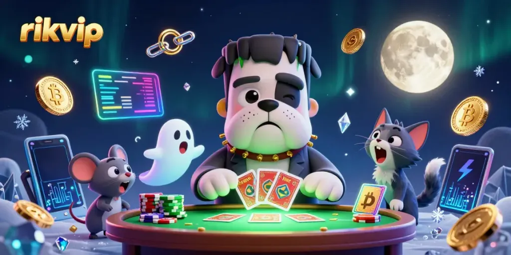 Engage in thrilling games at rikvip with 3D cartoon characters and cryptocurrency flair.