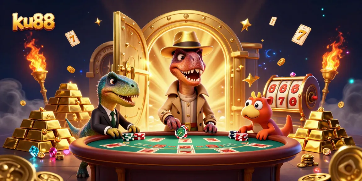 Experience excitement at ku88 with a velociraptor card counter at a blackjack table amidst treasures.