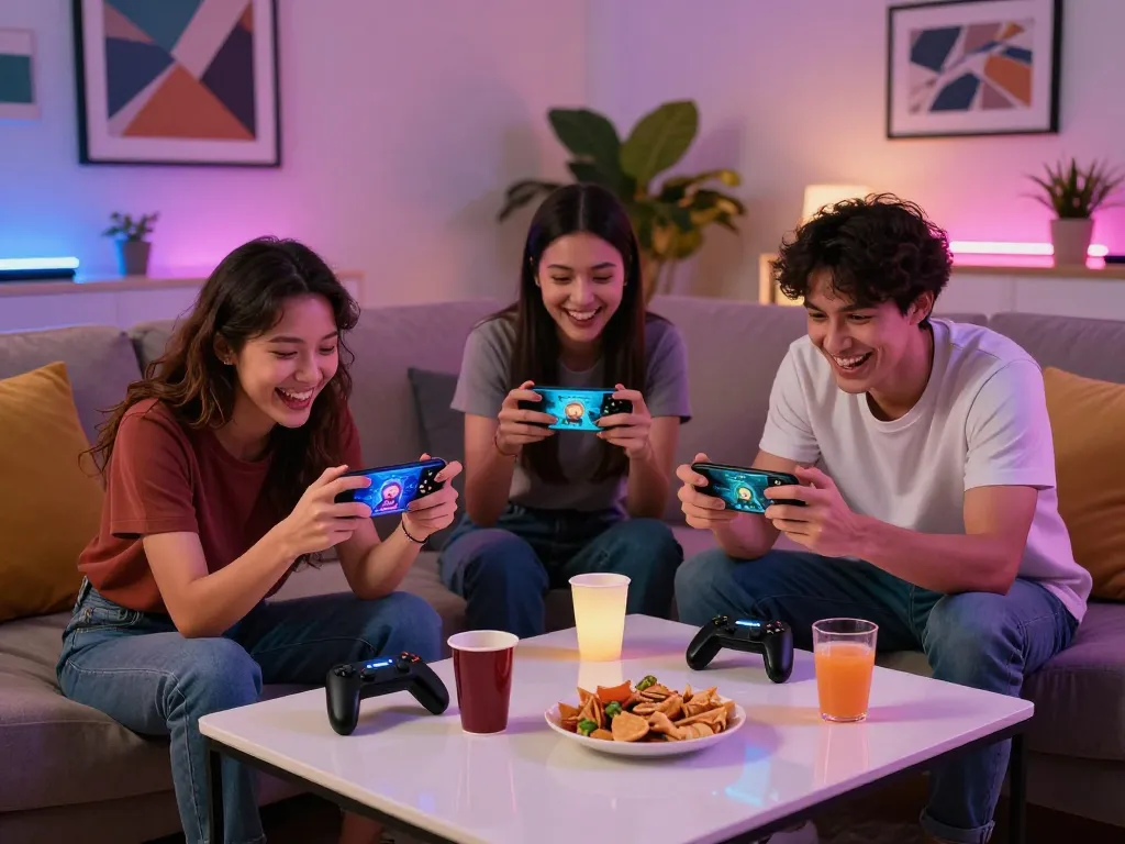 Friends enjoying game porn on smartphones in a cozy lounge.