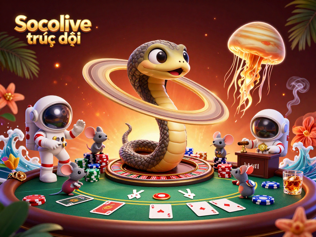 Socolive trực tiếp offers dynamic gambling action with 3D cosmic gambling scene, vibrant colors and elements.