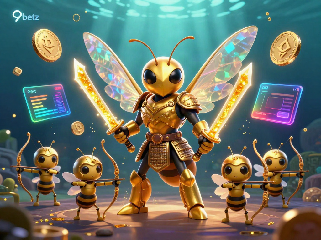 Win big at 9betz with a dynamic casino scene featuring a golden hornet samurai and bees.