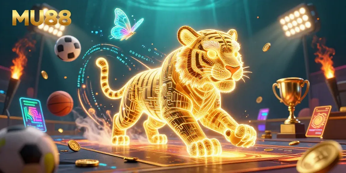 Experience the dynamic thrill of MU88 with a golden tiger amidst vibrant casino games.