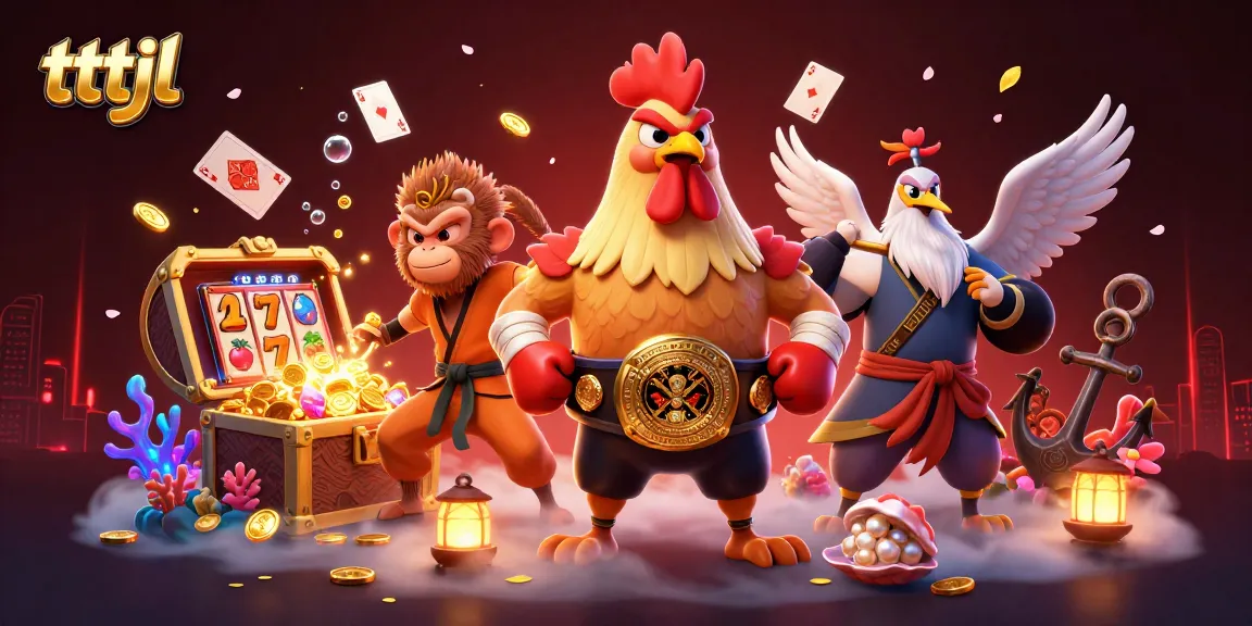 Engage with tttjl's vibrant casino adventure featuring a Muay Thai rooster and golden treasures.