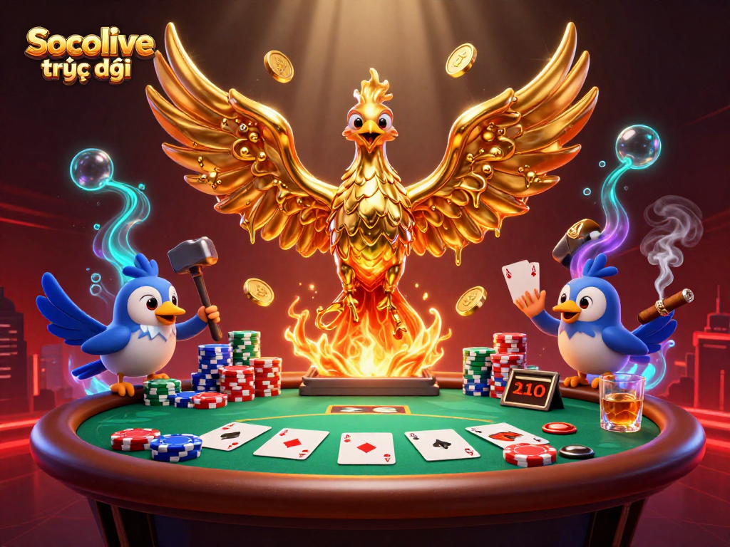 Experience the excitement of Socolive trực tiếp with a vibrant 3D casino scene featuring dynamic poker action.