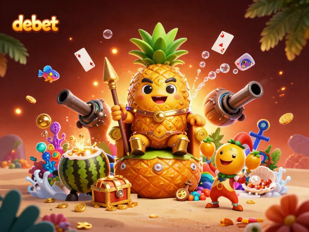Experience thrilling gameplay with debet in a vibrant beach casino atmosphere featuring a pineapple king and lively characters.