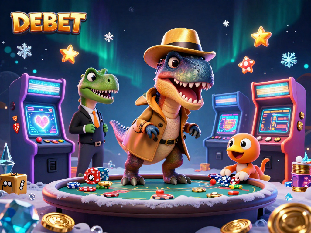 Experience thrilling gameplay at DEBET with a cartoon velociraptor card counter, surrounded by dynamic casino elements.
