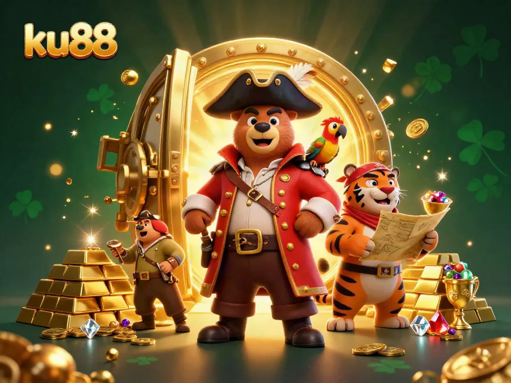 Experience thrilling adventures at ku88 with a treasure-filled scene featuring unique characters and dazzling gems.