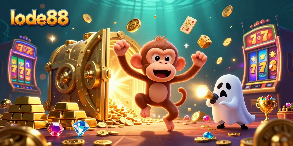 lode88 showcases a poltergeist monkey juggling coins in a haunted casino scene filled with slot reels.