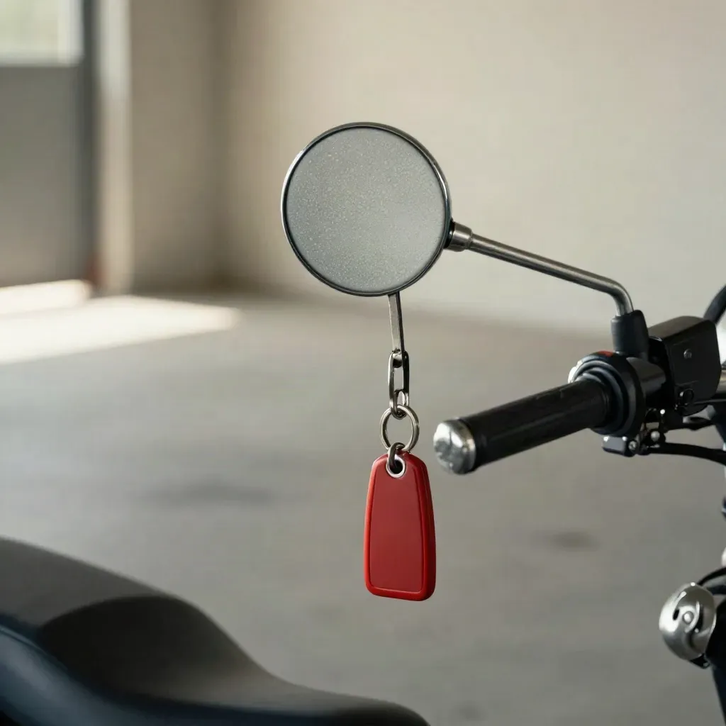 Motosiklet aynası yanında sigorta disk tutucu, anahtarlık ve servis etiketi.