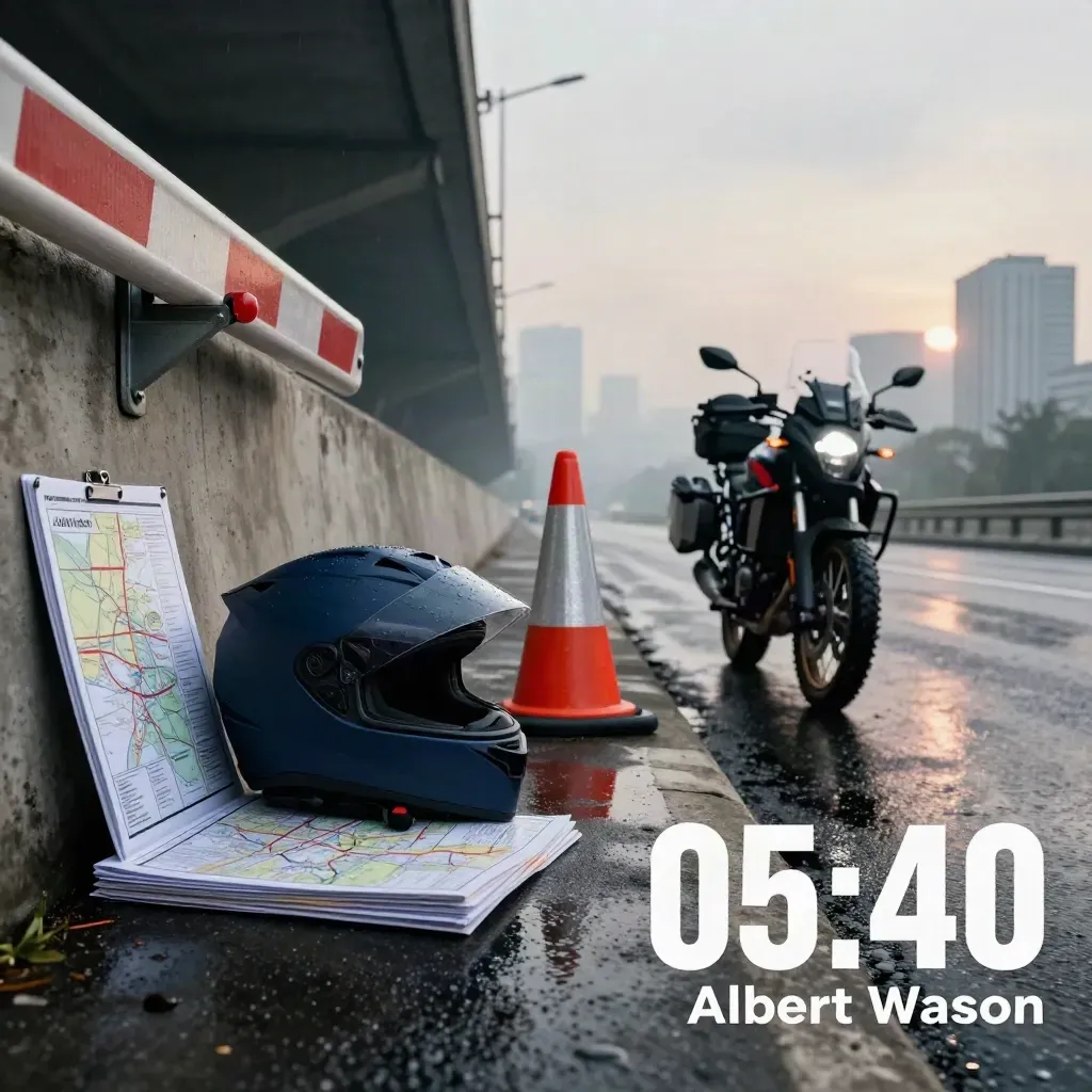 İstanbul alt geçidinde yağmur sonrası kask, bariyer kolu, koni ve tur motosikleti.