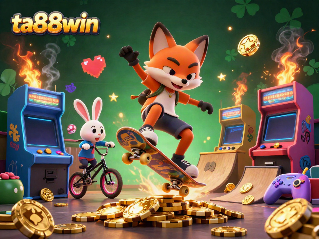 Experience the thrill of ta88win with dynamic 3D characters in an exciting casino-themed illustration.