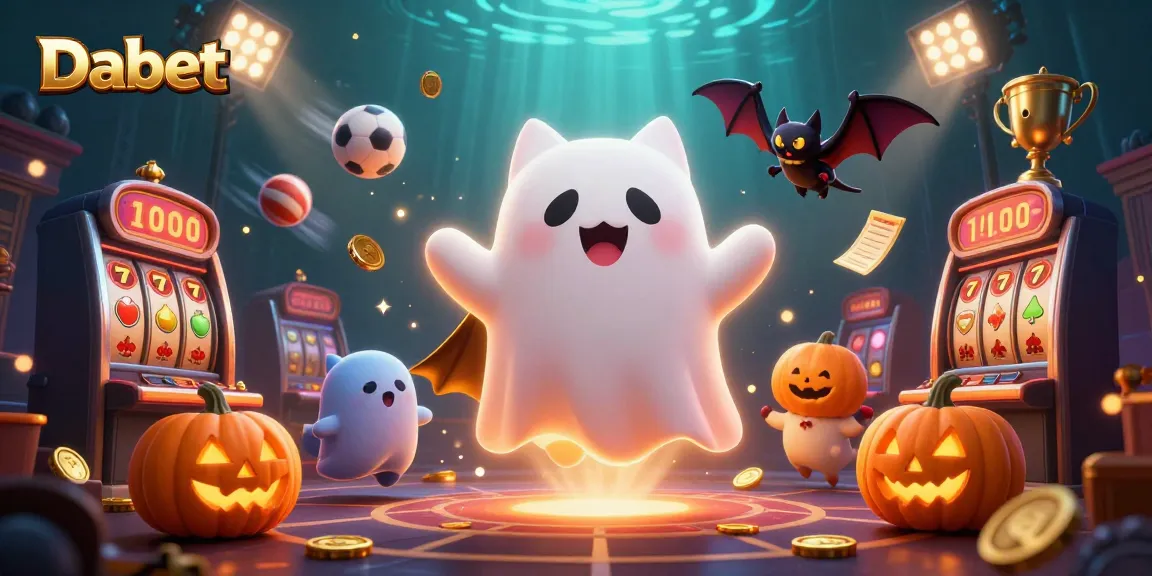 Dabet showcases an enchanting casino scene with a friendly ghost cat and vampire bat amid slot machines.