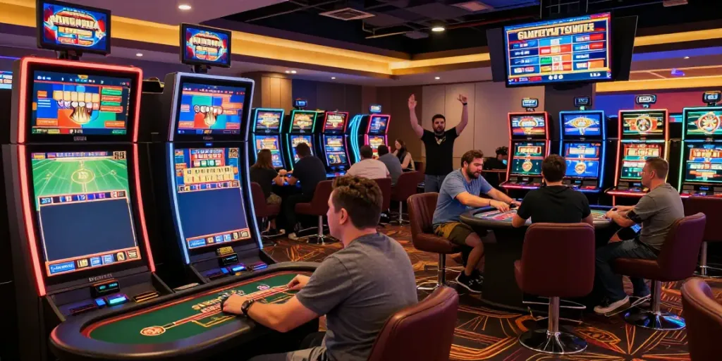 Exciting NBET online gaming environment filled with diverse gaming tables and flashing slot machines.
